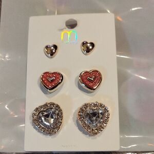 Heart Earrings,Pierced/ Set Of 3,Brand New On Card,Beautiful!